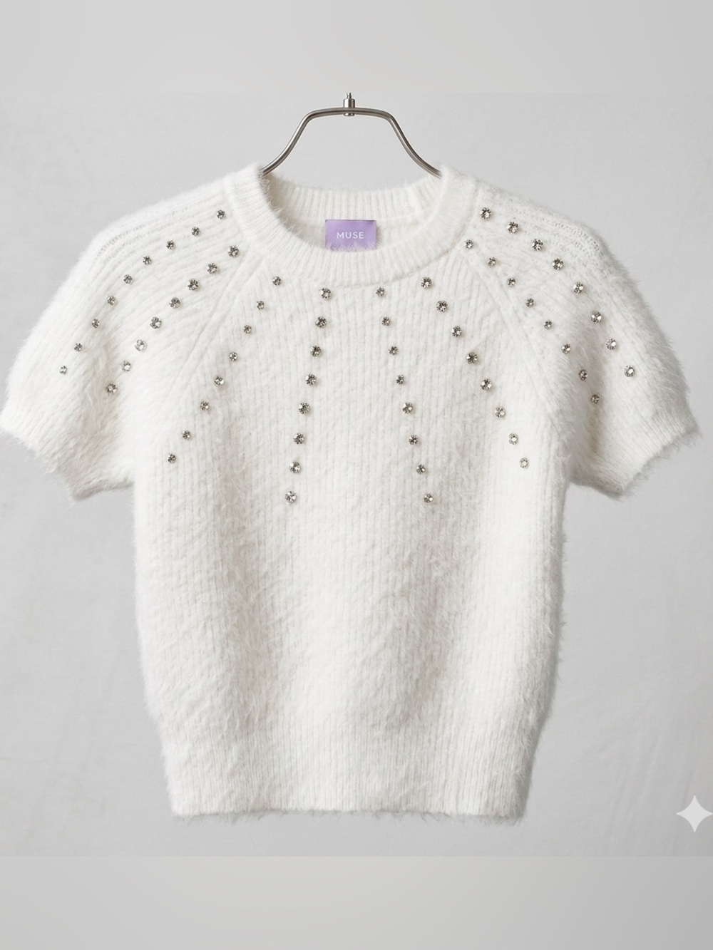 Muse Ivory Mohair Short Sleeve Sweater with Rhinestone Accents